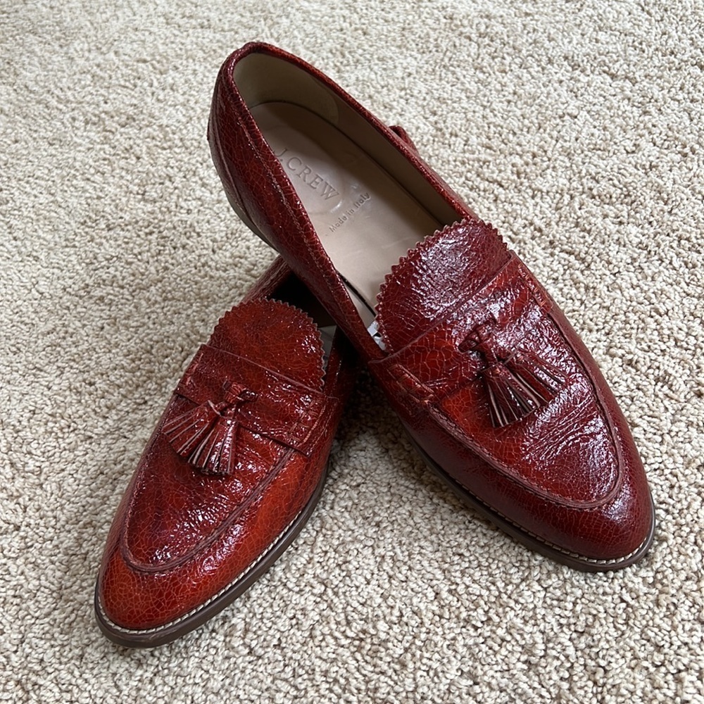 J.Crew mens 10.5 Biella crackled leather loafers in warm serpia.